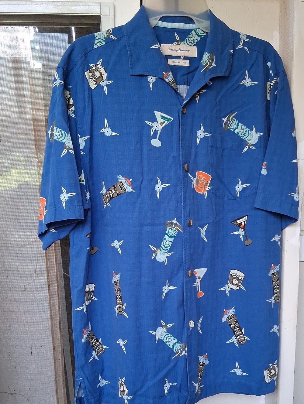 Mens Tommy Bahama Royal Blue Tiki & Cocktail Silk Camp Shirt Medium